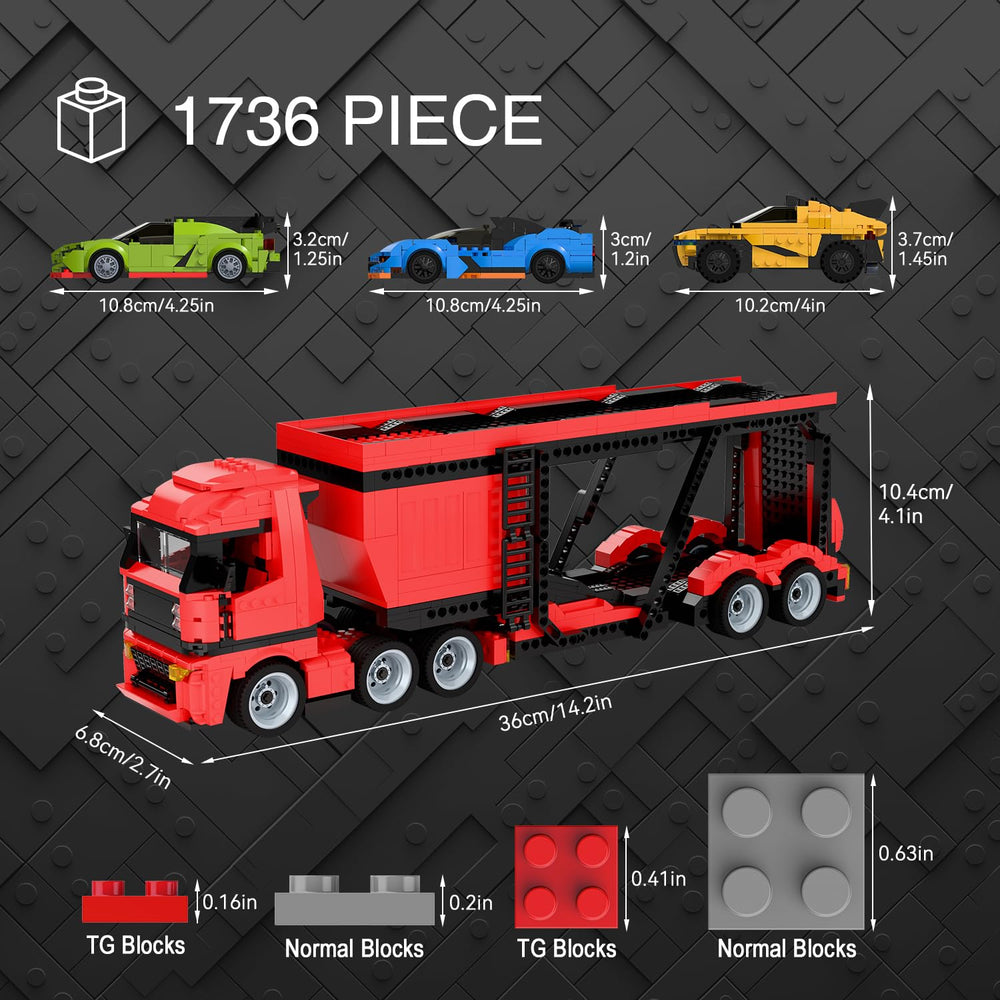 TG BLOCKS Micro Brick Car Transporter trailer carrier prepared for pretend trips.