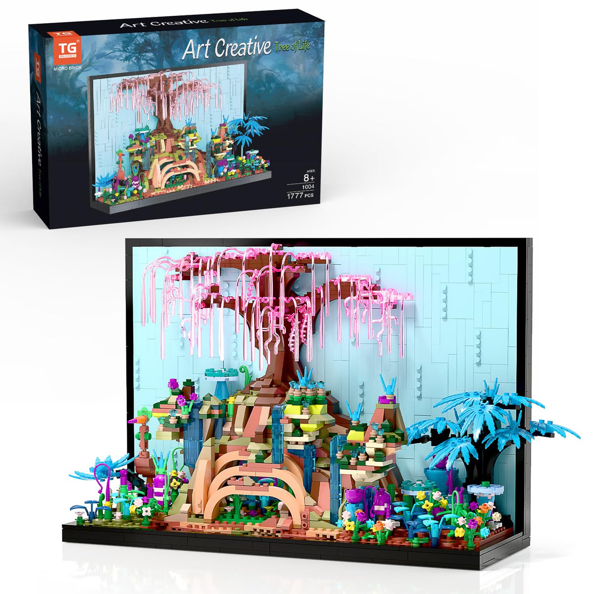 TG BLOCKS Micro Brick Tree of Life waterfall and lush flora for desk display.