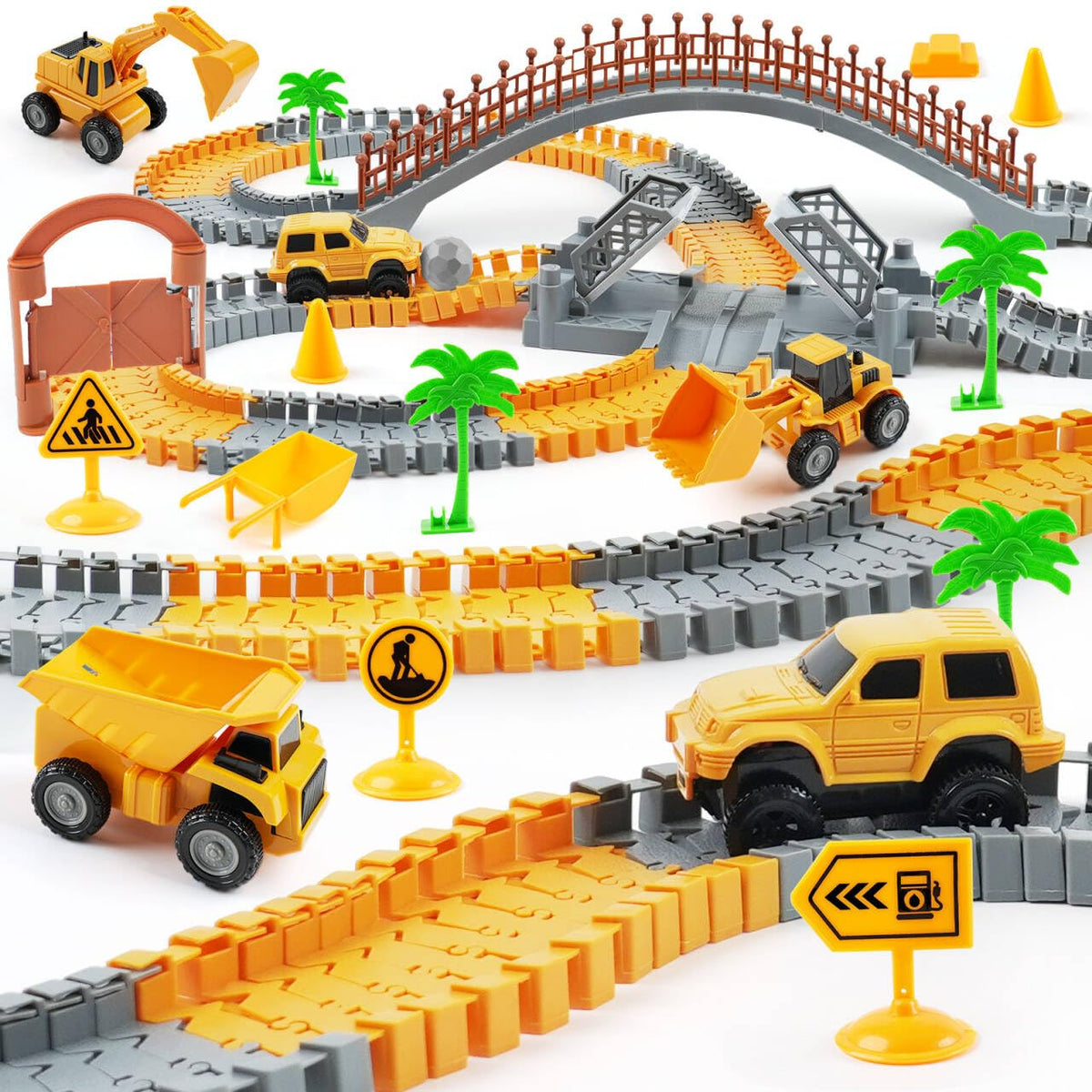 TGJH construction race car track set with two electric cars crossing a bridge for fast imaginative play.