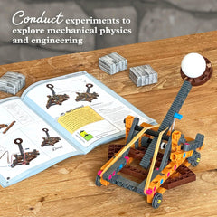 Thames & Kosmos trebuchet model demonstrates projectile motion effectively.