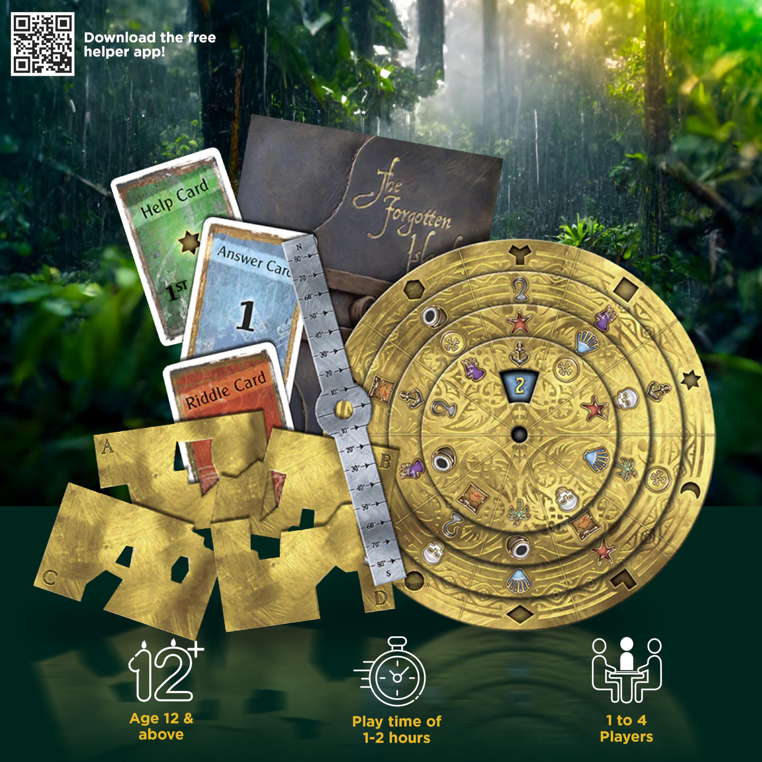 Thames & Kosmos EXIT: The Forgotten Island components laid out for puzzle setup.