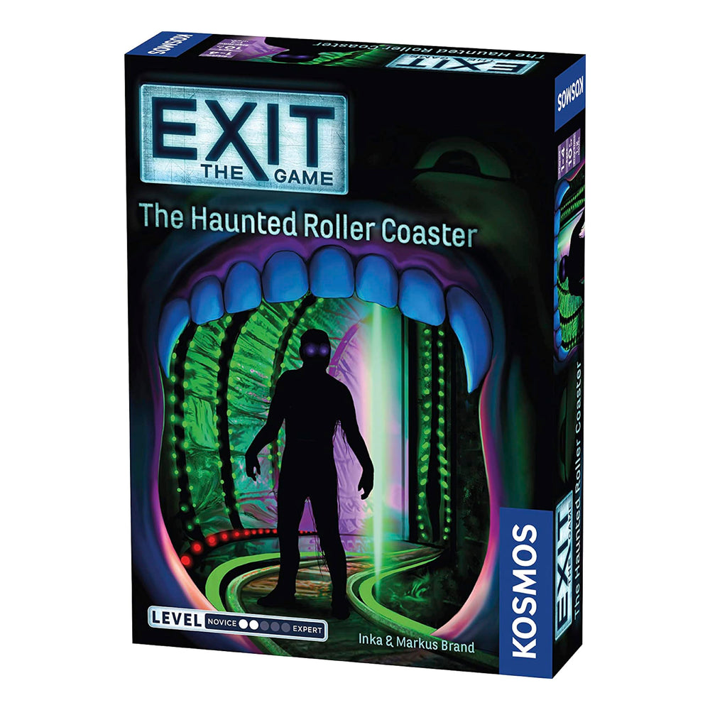 Thames & Kosmos EXIT box cover shows haunted roller coaster for immersive puzzle challenge
