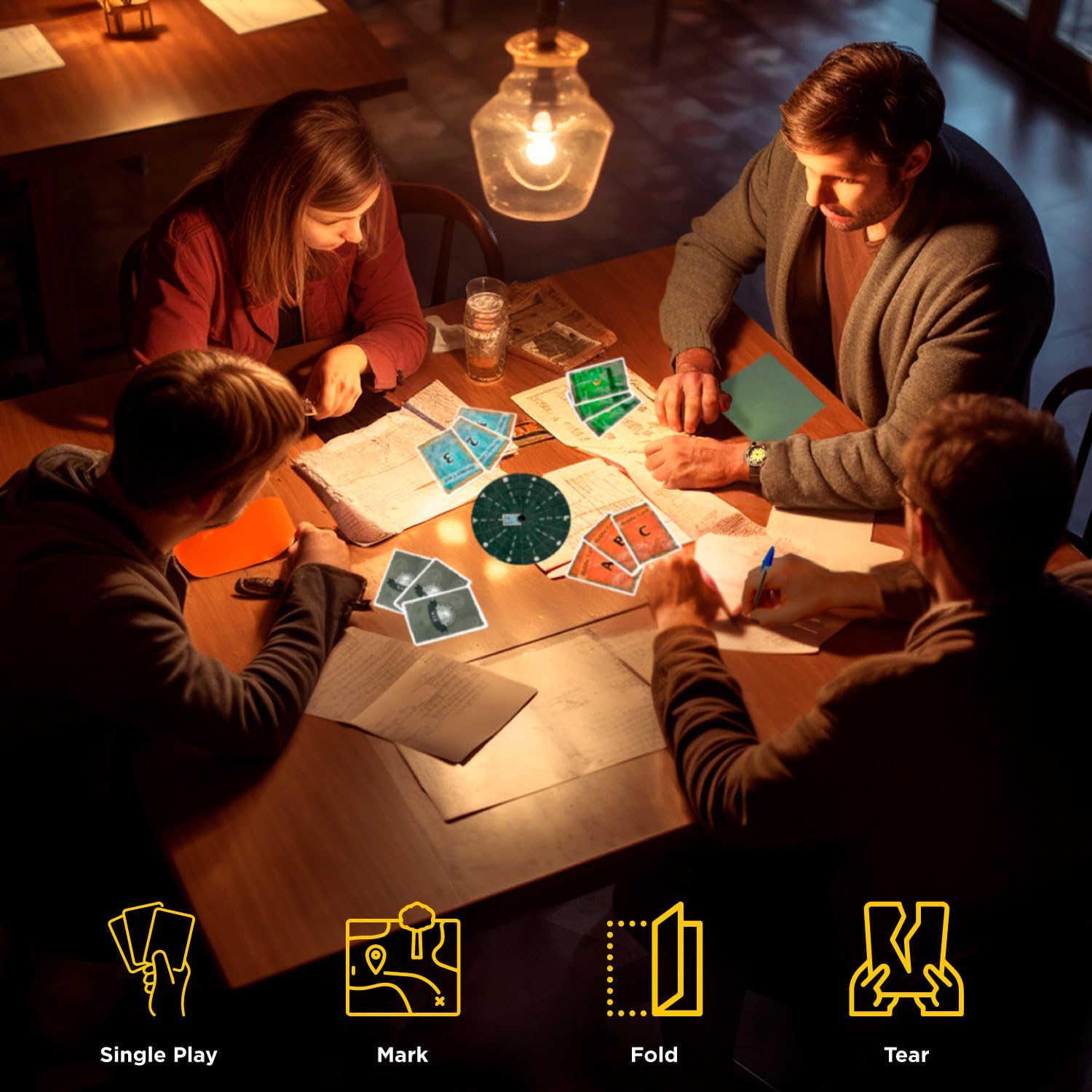 Thames & Kosmos EXIT puzzle cards close-up, showing challenging clues