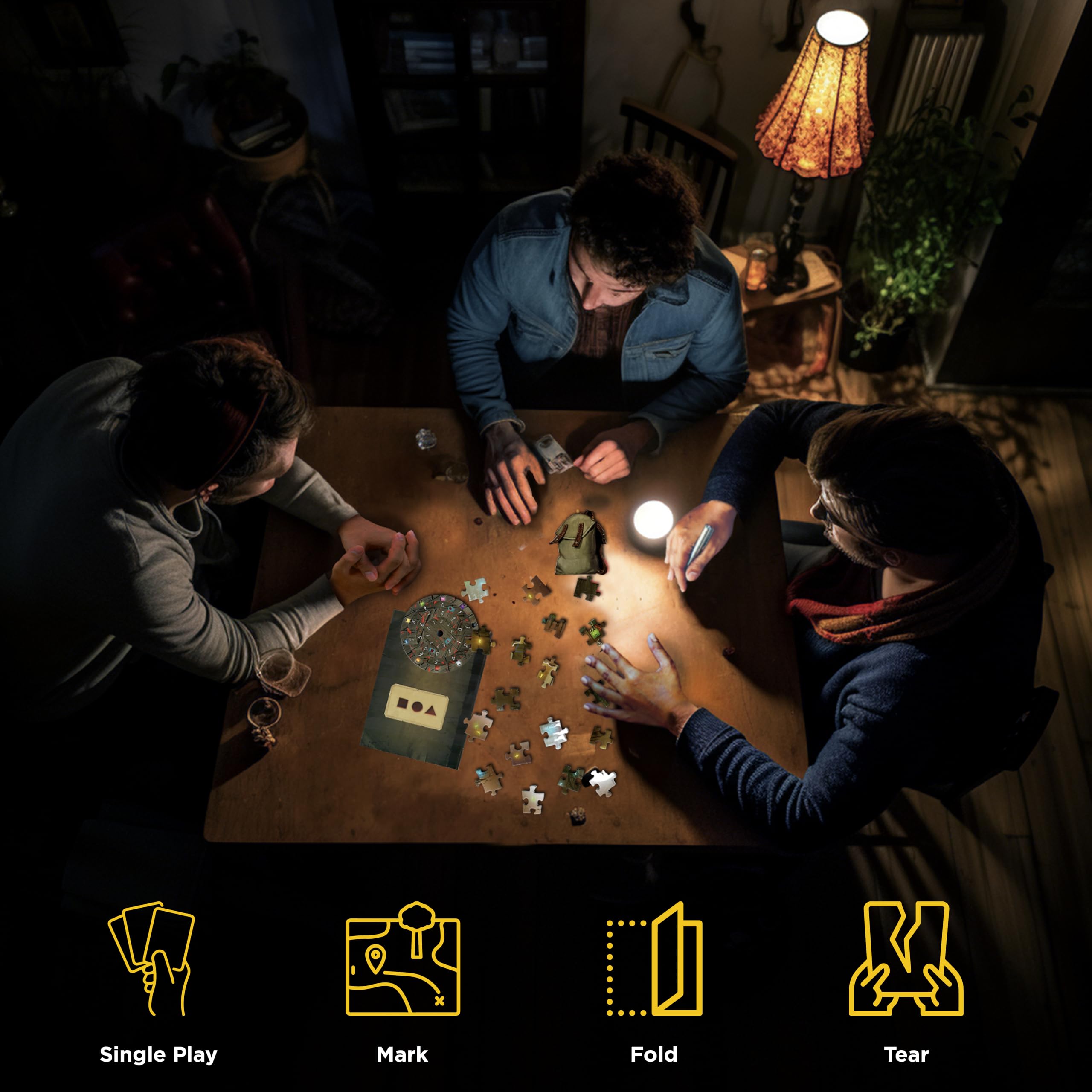 Marked game materials indicate single-use design for Nightfall Manor.