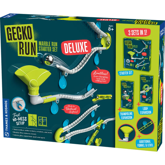 Gecko Run flexible tracks mounted on a surface for vertical marble runs.