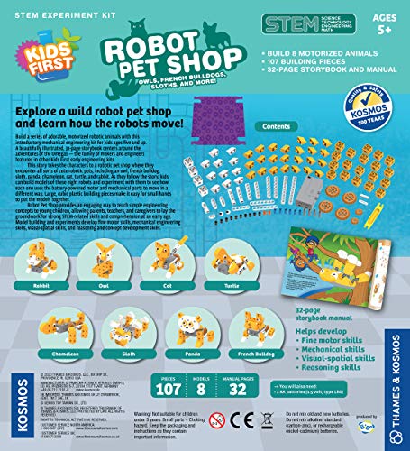 Thames & Kosmos Kids First robot pet shop French bulldog model supports hands-on motor learning.