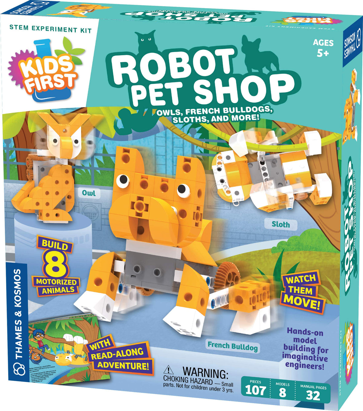 Thames & Kosmos Kids First robot pet shop owl model for imaginative engineering play.