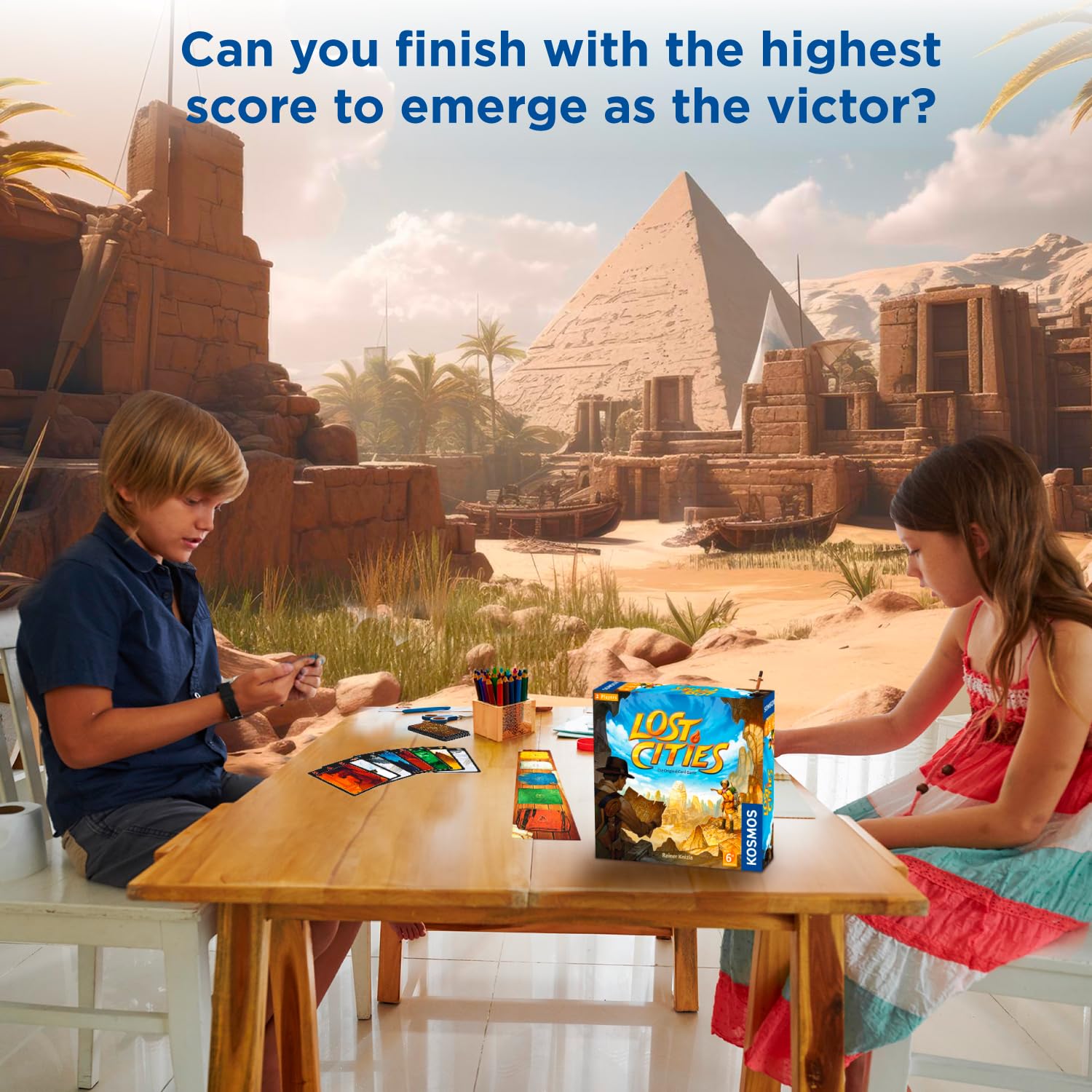 Thames & Kosmos Lost Cities volcano and desert cards evoke adventurous settings.