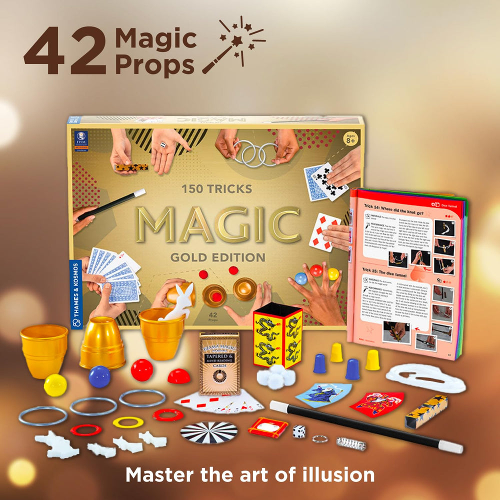 Thames & Kosmos Magic Gold Edition 42 props enable diverse, kid-friendly demonstrations.