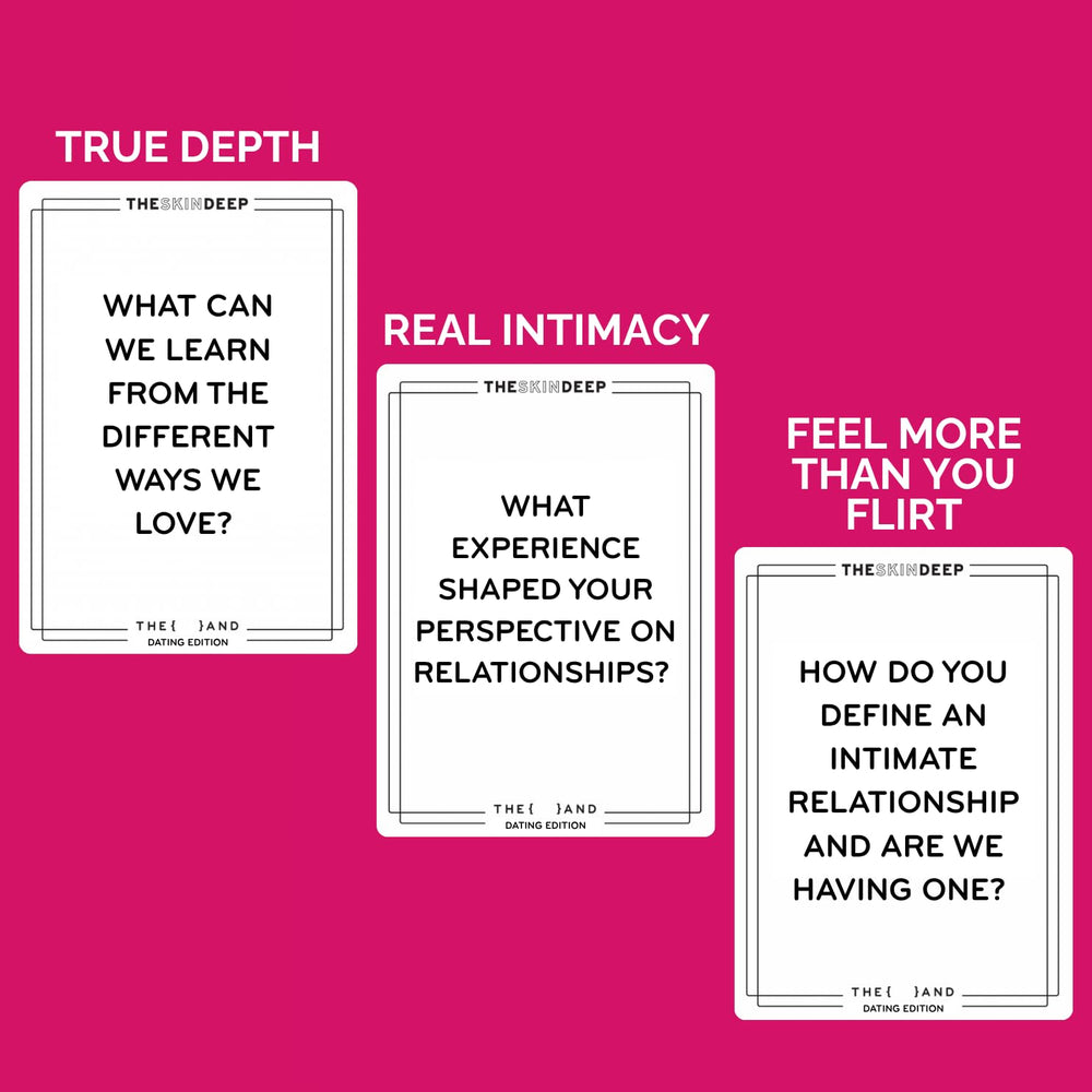 Hands holding THE AND Dating Edition cards during a date