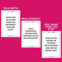 Hands holding THE AND Dating Edition cards during a date