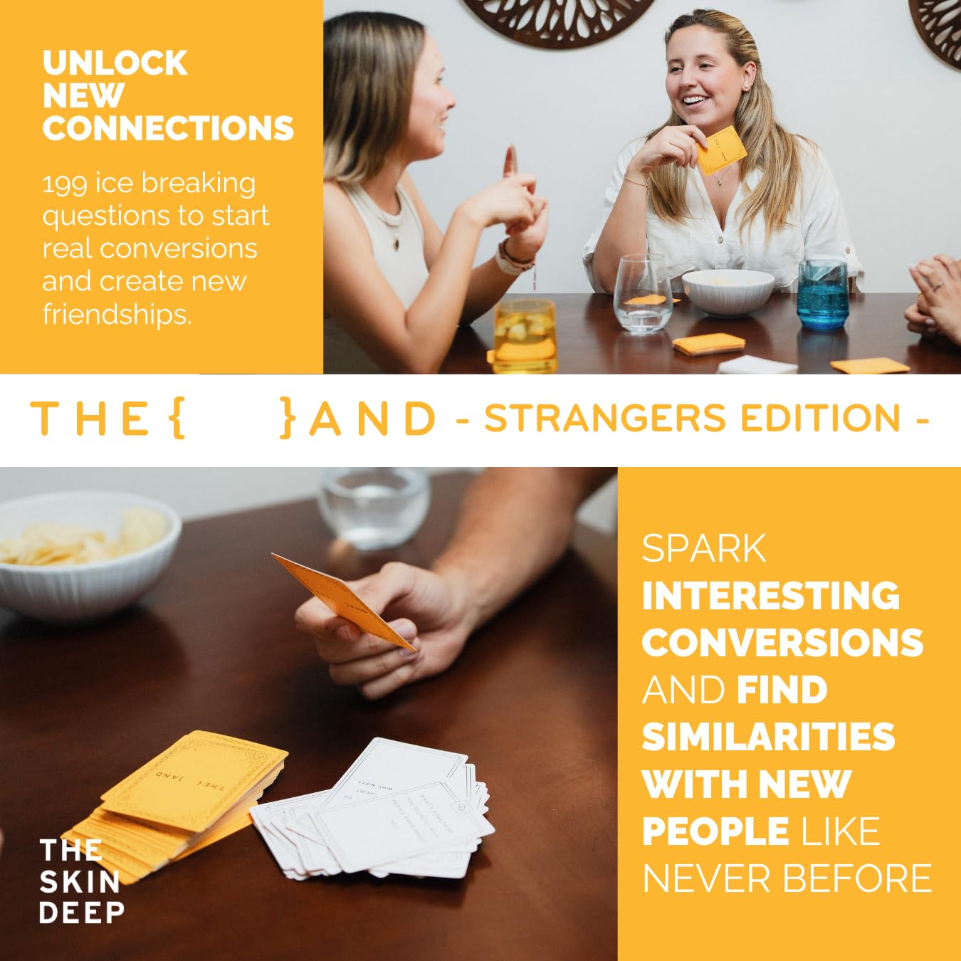 THE AND Strangers Edition card pile closeup showing diverse questions to spark dialogue.
