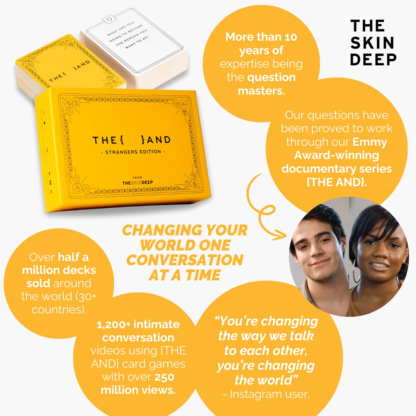 THE AND Strangers Edition spread of cards on a table for group discussions.