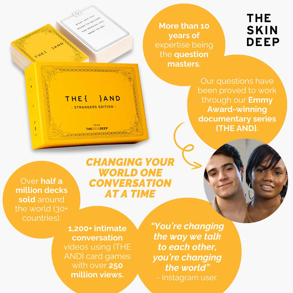 THE AND Strangers Edition spread of cards on a table for group discussions.