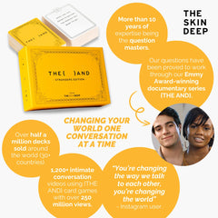 THE AND Strangers Edition spread of cards on a table for group discussions.