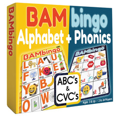 The Bambino Tree Alphabet Phonics Bingo cards improve letter recognition with colorful images.