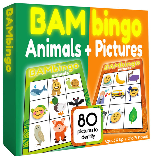 The Bambino Tree Animal Bingo Cards boost word recognition with colorful animals.
