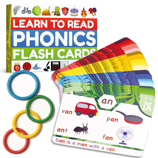 The Bambino Tree phonics flash cards with colorful pictures to boost early reading.