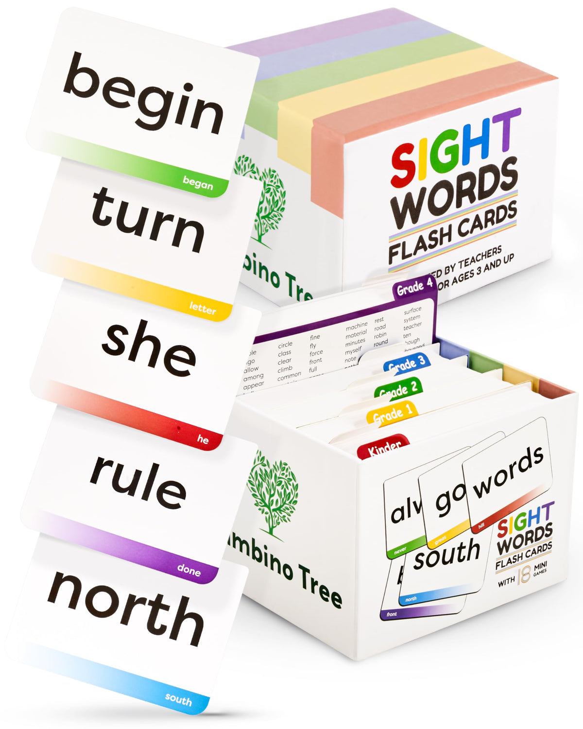 The Bambino Tree sight words flash cards with jumbo cards for easy reading at home.