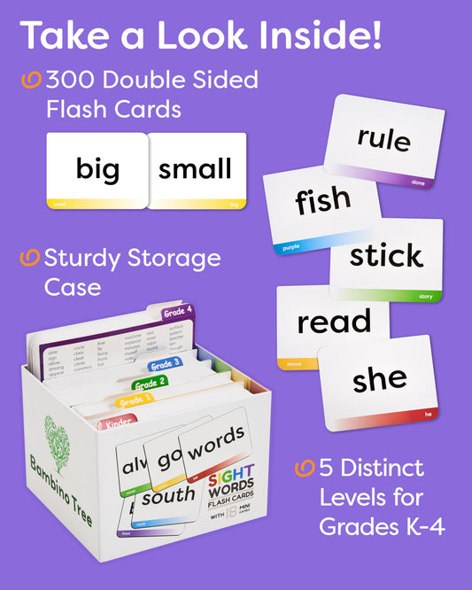 The Bambino Tree sight words flash cards feature sorting corners for quick organization.