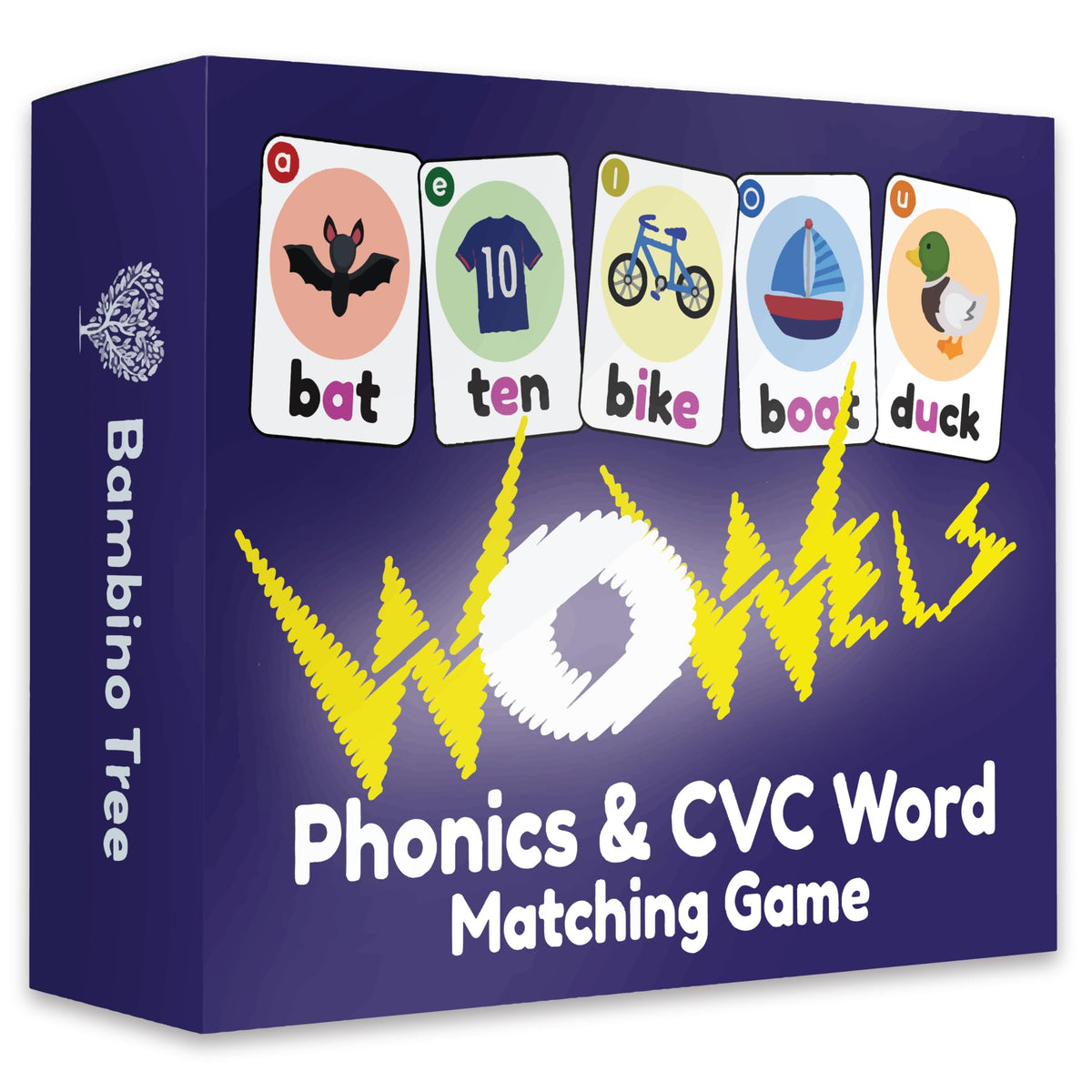 The Bambino Tree WOWELs cards deck front view with vibrant illustrations to engage learners