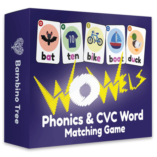 The Bambino Tree WOWELs cards deck front view with vibrant illustrations to engage learners
