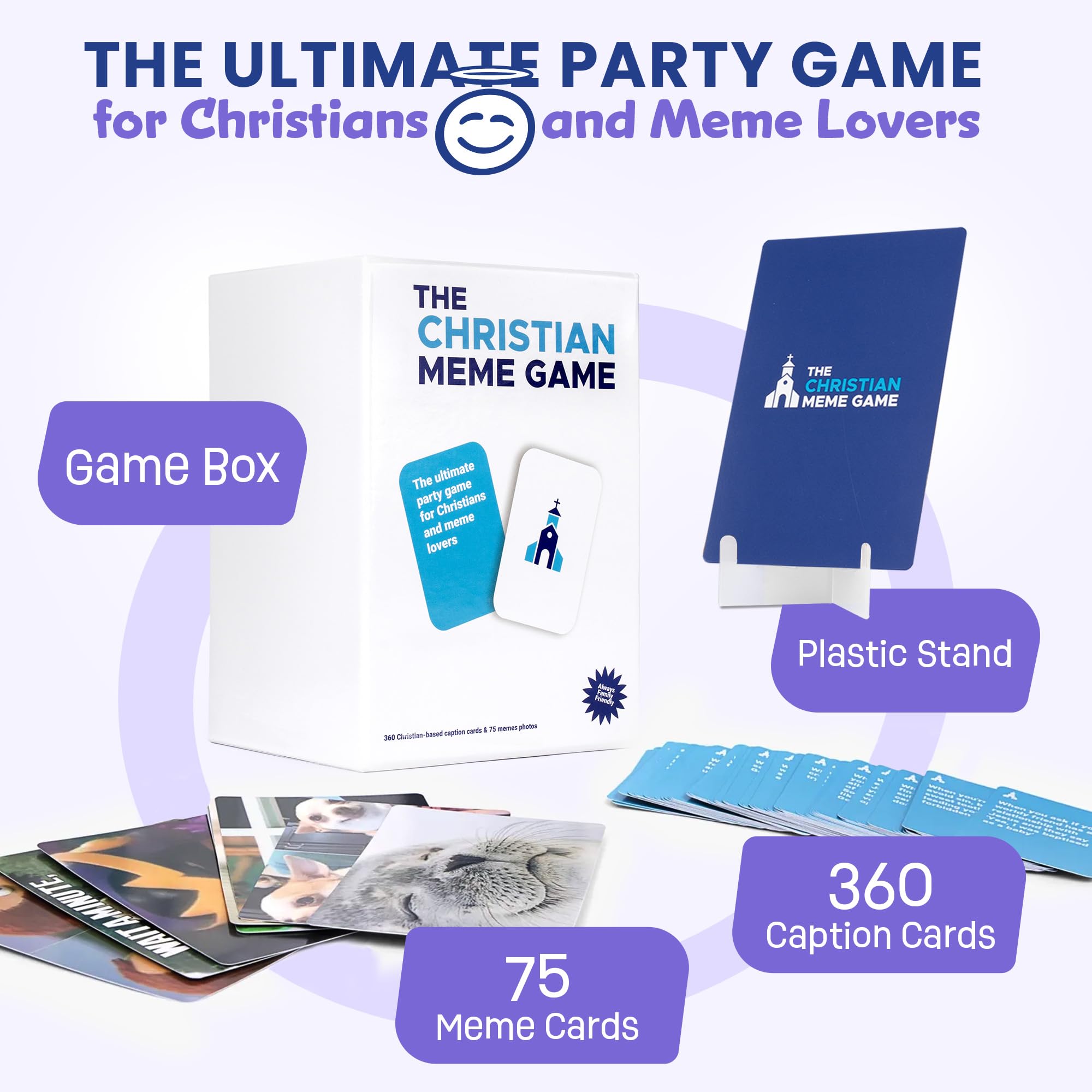 The Christian Meme Game card collection displays 75 memes and 360 captions