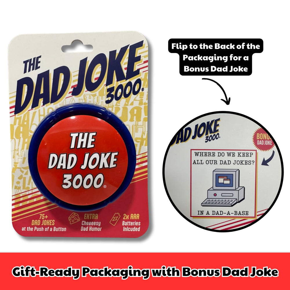 The Dad Joke 3000 includes batteries for immediate gag gift use.