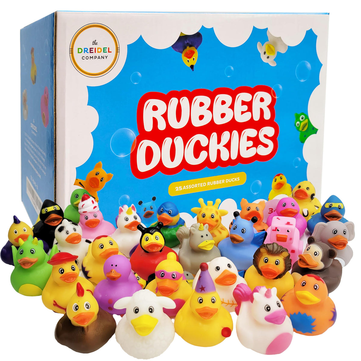 The Dreidel Company 25-pack rubber ducks in bath-time scene for kids.