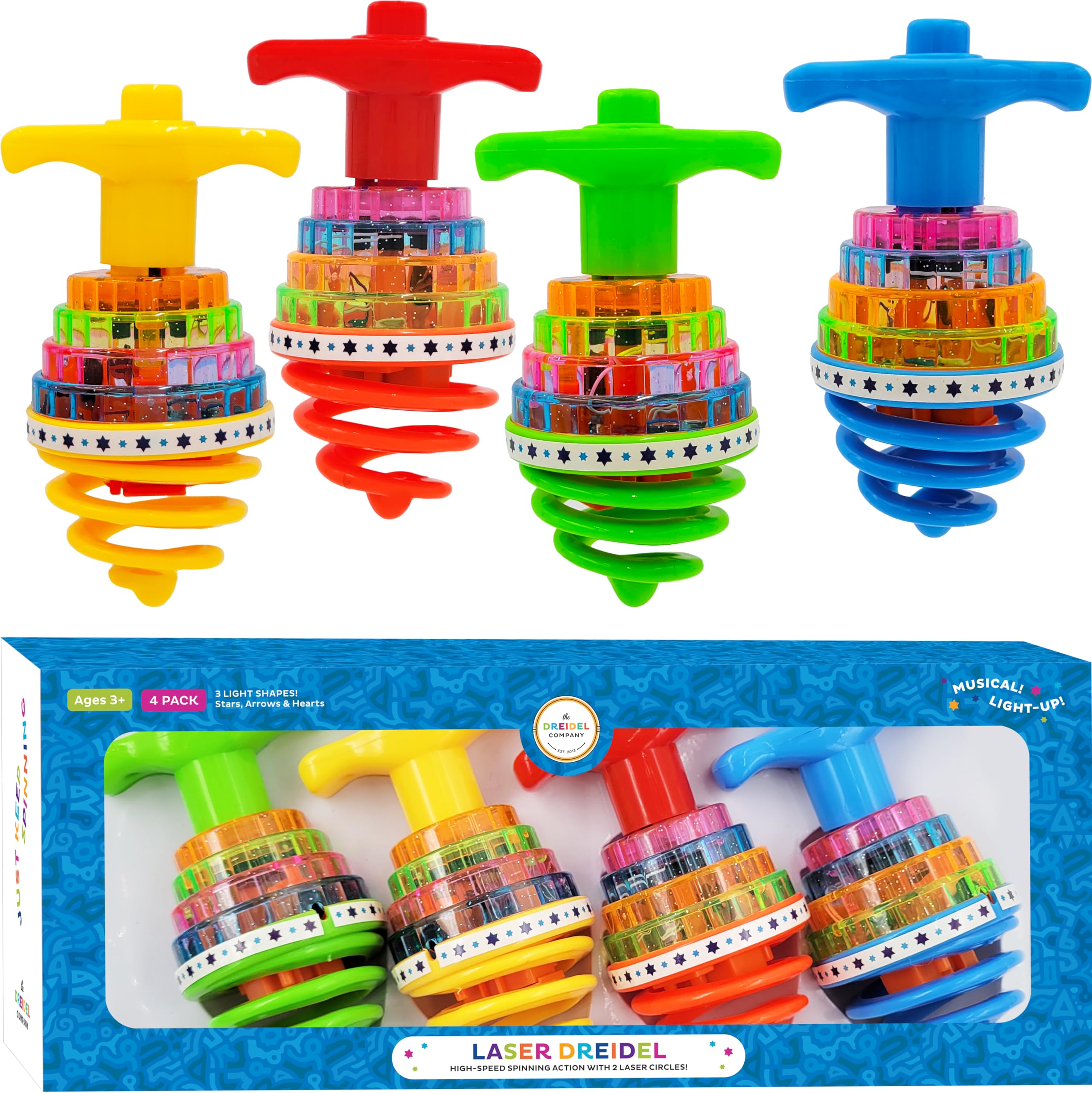 The Dreidel Company blue light-up dreidel spinning to enhance Hanukkah ambiance.