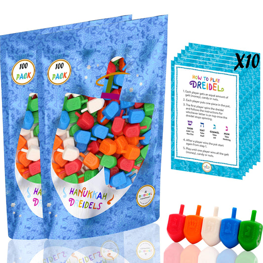 The Dreidel Company Hanukkah dreidels 200-pack front view showing vibrant multicolor tops for party play.
