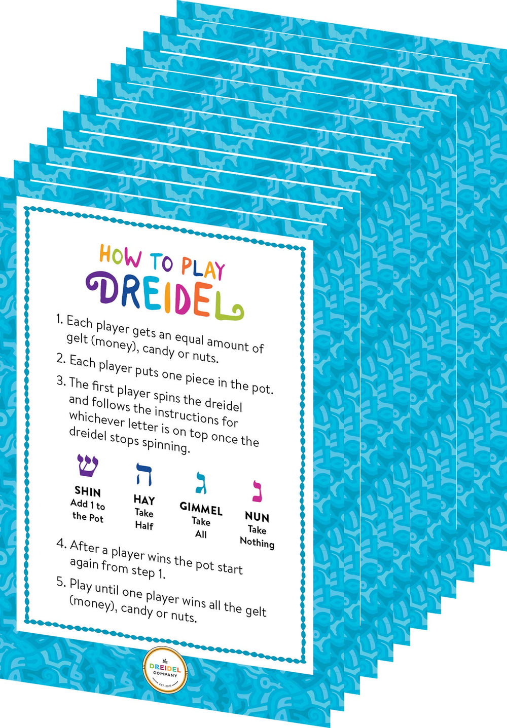 The Dreidel Company dreidel package includes instruction cards for quick learning.