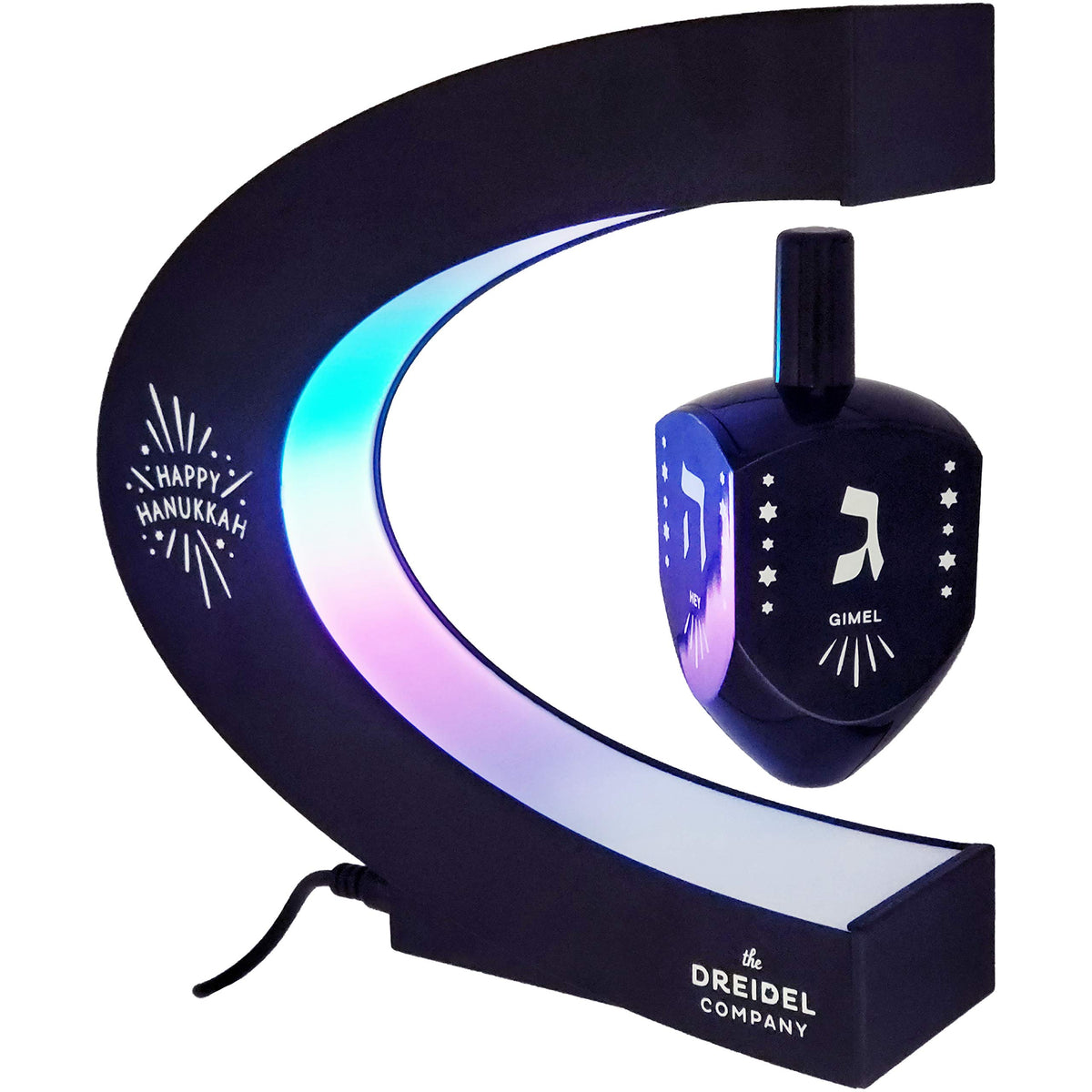 The Dreidel Company levitating Hanukkah dreidel hovering above desk for festive decor.