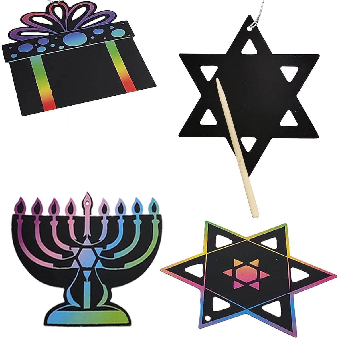 The Dreidel Company scratch cards shown as festive wall decor.