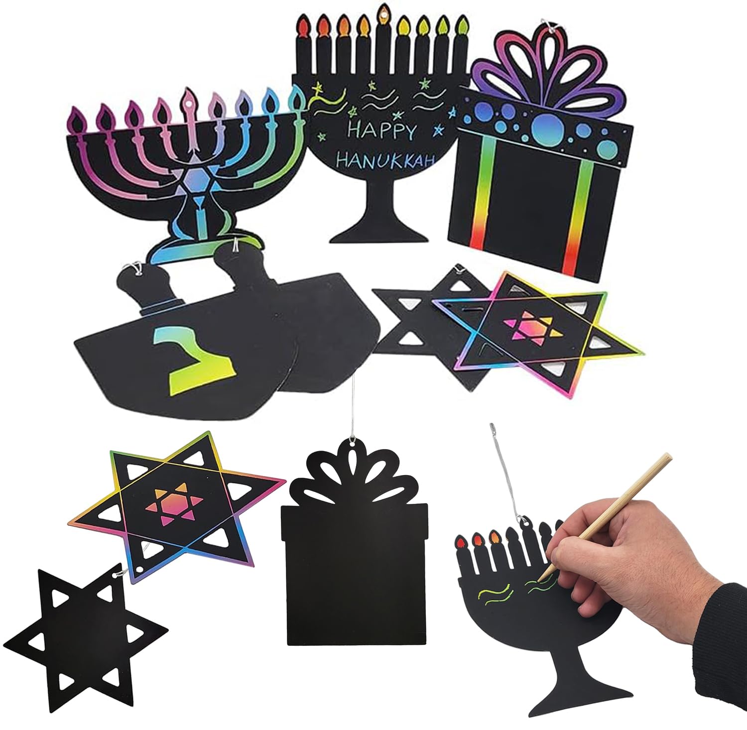 The Dreidel Company Hanukkah scratch cards with wooden sticks for easy DIY party fun.