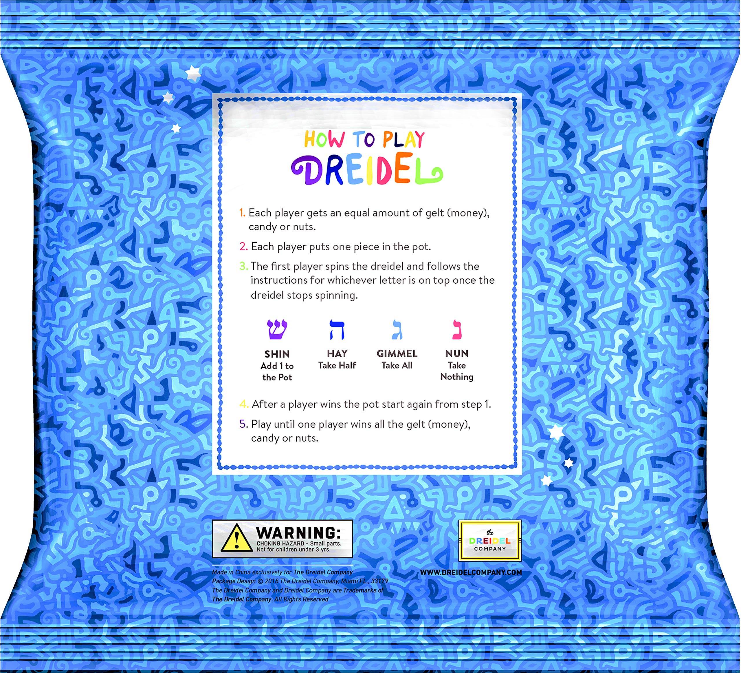 Instruction cards included with The Dreidel Company dreidels