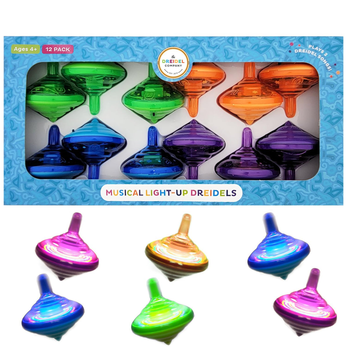 The Dreidel Company musical lite-up dreidel top with flashing lights for Hanukkah games.