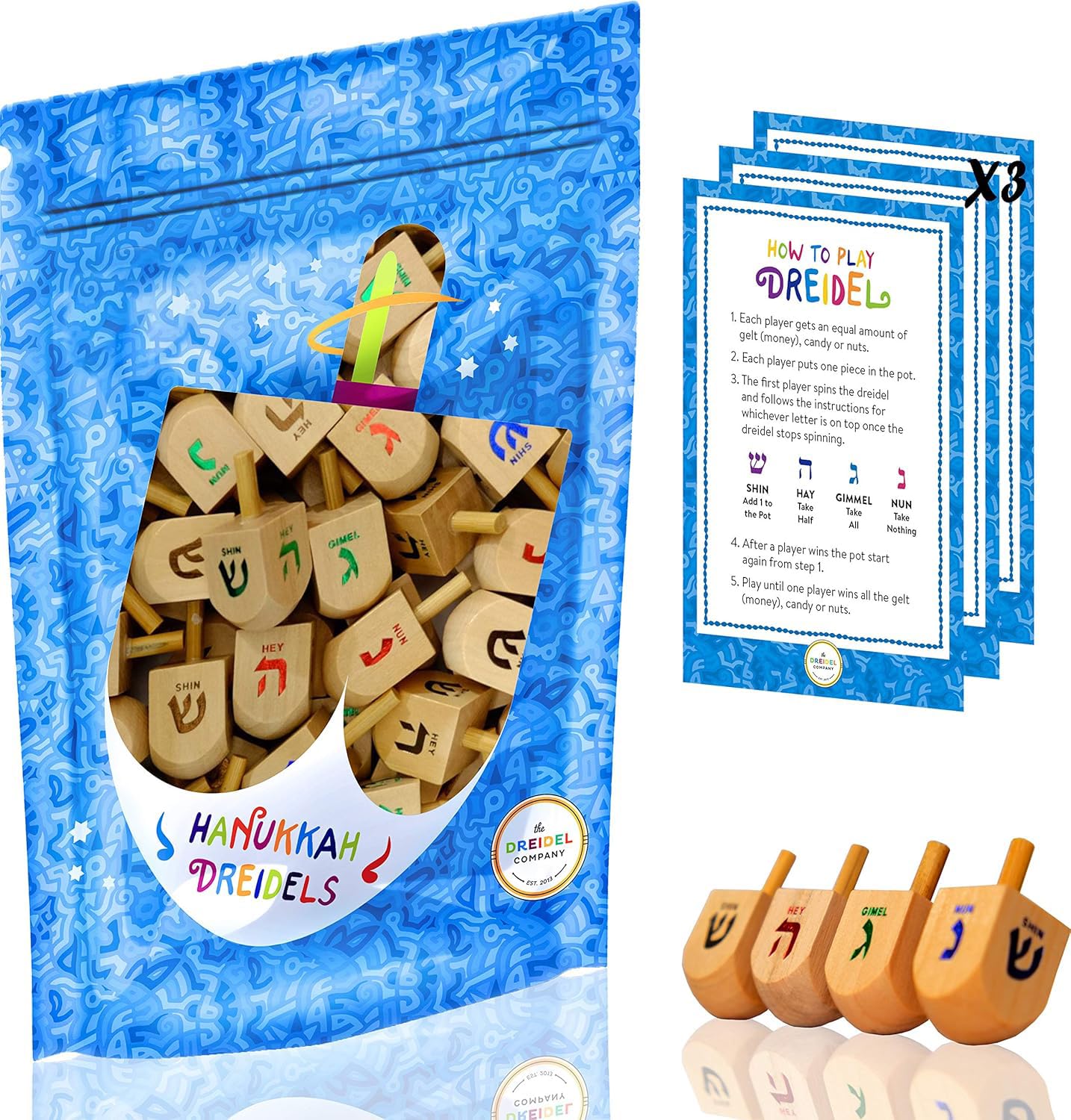 The Dreidel Company natural wood dreidel with foil letters for Hanukkah