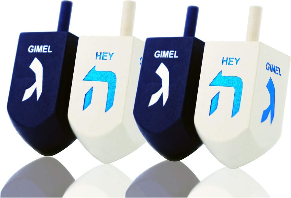 The Dreidel Company XL dreidel blue and white, front view for easy play