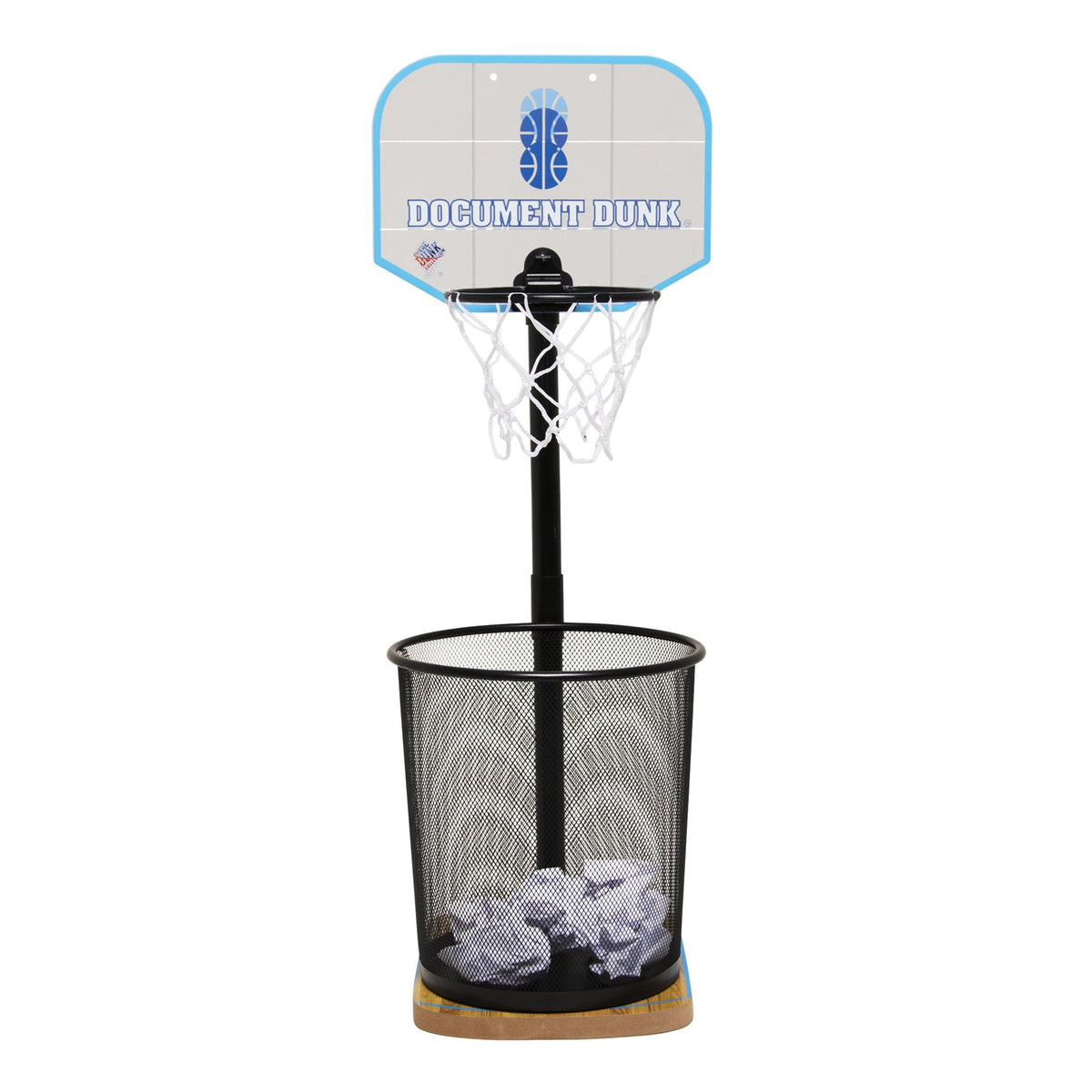 The Dunk Collection Document Dunk base mounted on a trash can for quick office games.