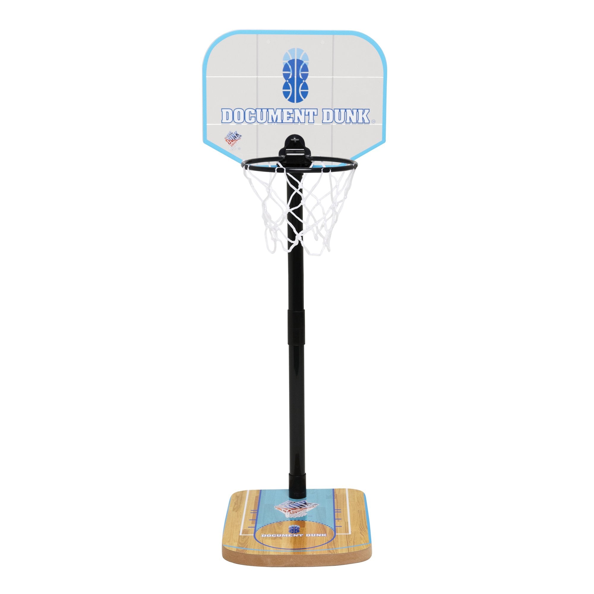 Document Dunk rim attached to a trash can demonstrates sturdy construction for daily use.