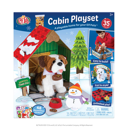 The Elf on the Shelf Cabin Playset front view creating a cheerful, inviting pet corner.