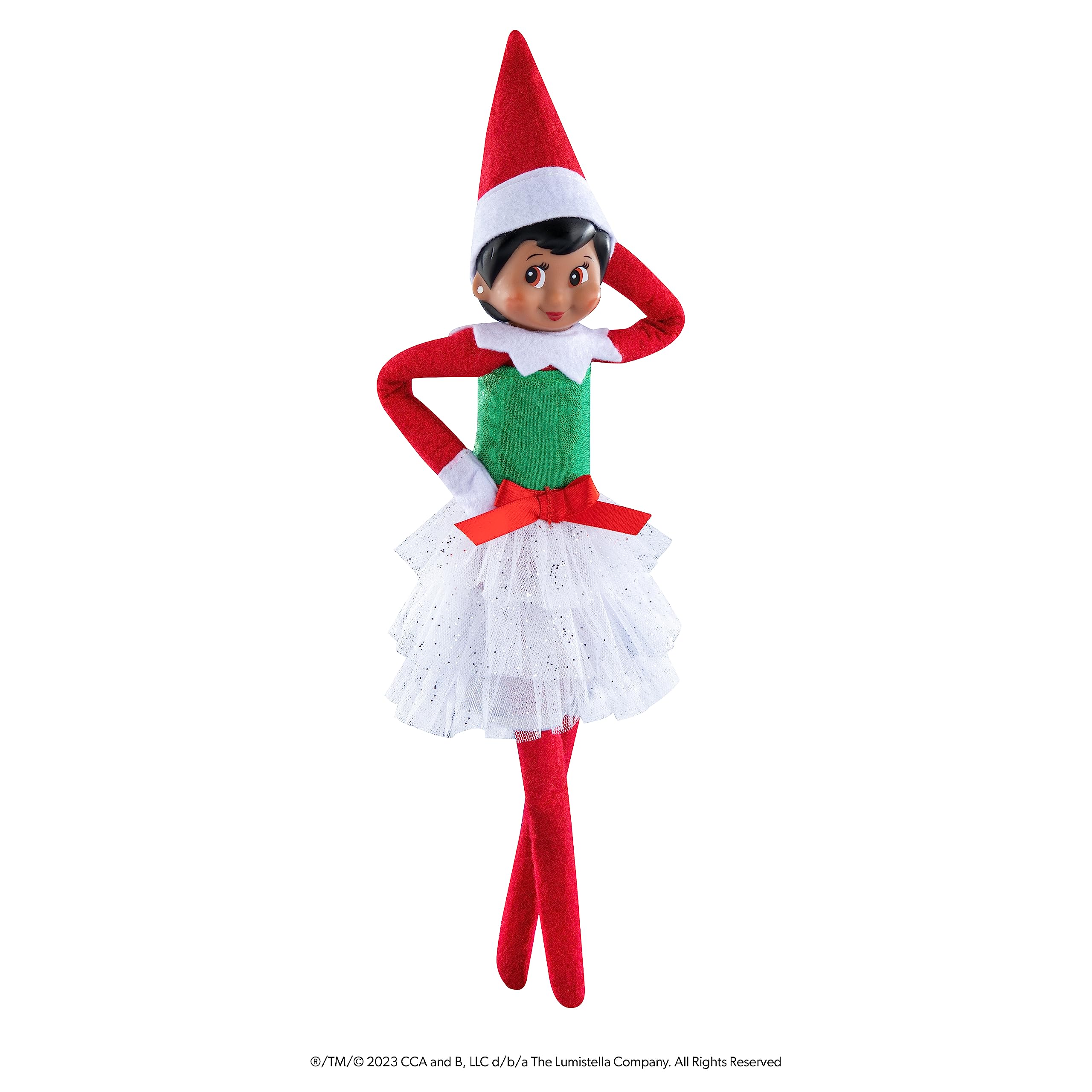 Back view of Claus Couture dress for Scout Elf with polished finish.