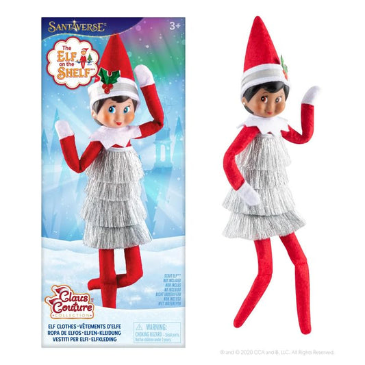 The Elf on the Shelf Claus Couture tiny tinsel dress adds festive sparkle for photo moments.