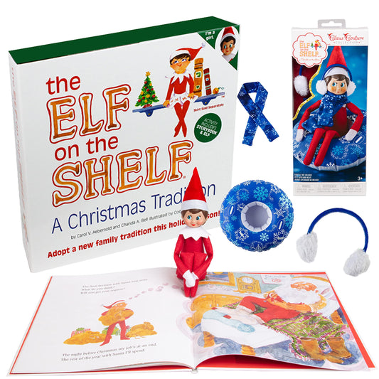 The Elf on the Shelf girl with snow tube and winter accessories for imaginative holiday scenes.
