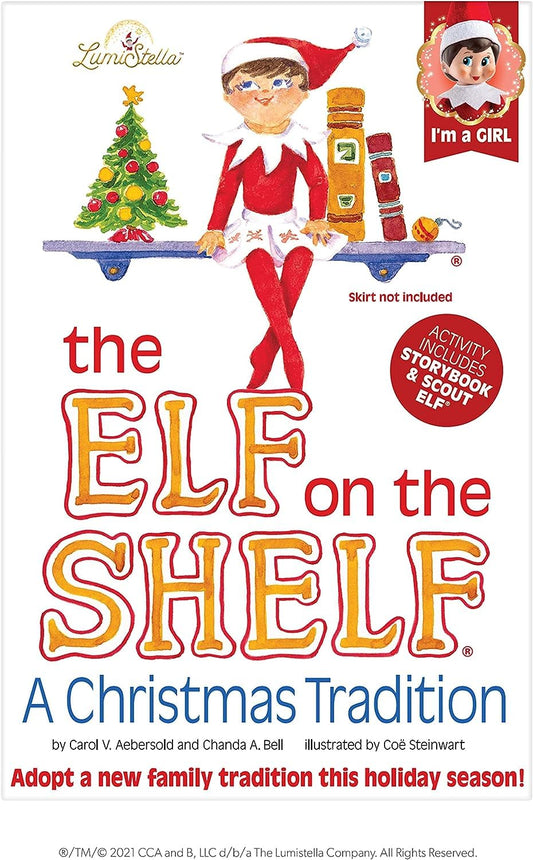 The Elf on the Shelf light-skinned girl scout elf sits beside a book, inviting imaginative bedtime moments.