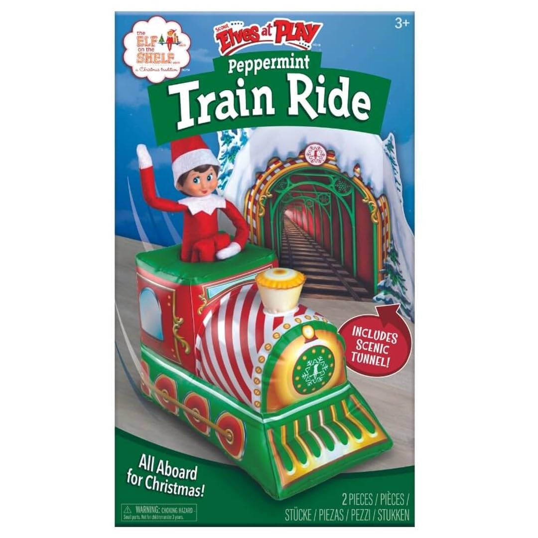 The Elf on the Shelf Peppermint Train Ride bright candy accents decorate a room.