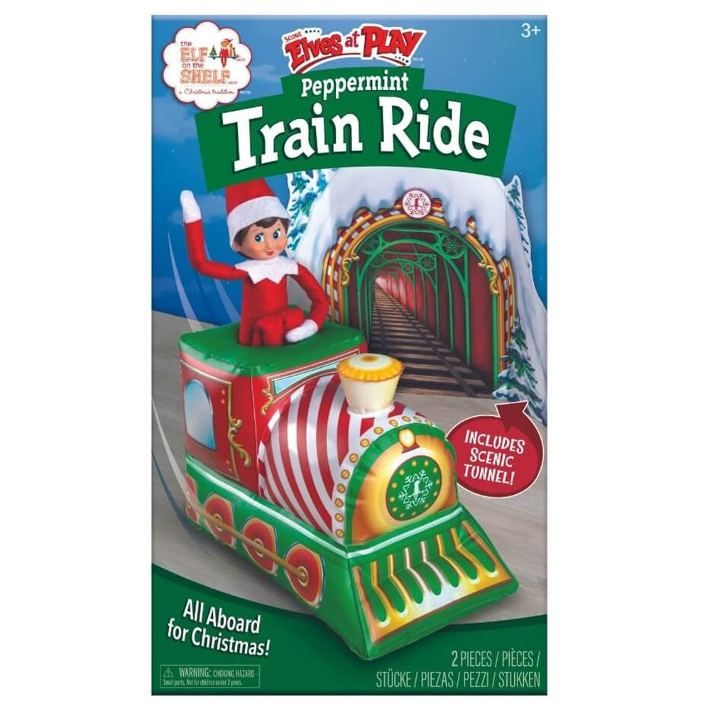 The Elf on the Shelf Peppermint Train Ride bright candy accents decorate a room.