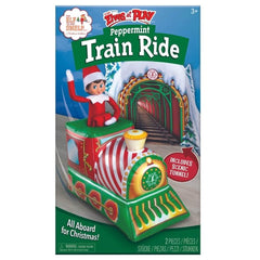 The Elf on the Shelf Peppermint Train Ride bright candy accents decorate a room.