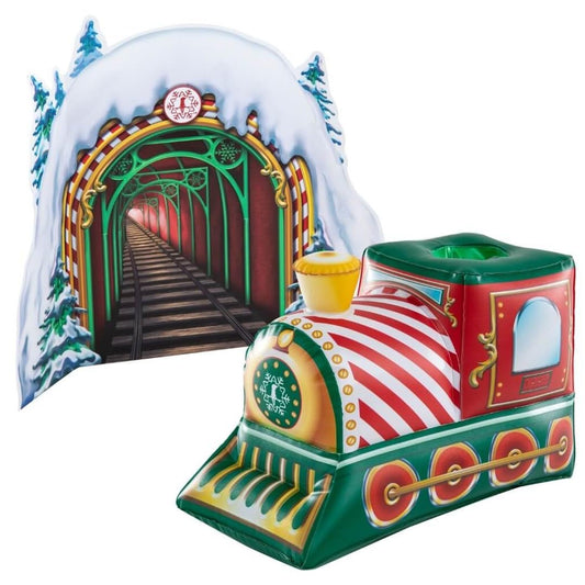 The Elf on the Shelf Peppermint Train Ride tunnel standee framing a holiday scene.